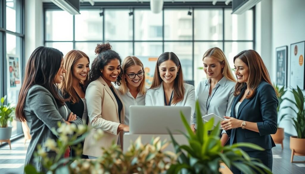 A professional and inspiring office scene focusing on women engaged in various marketing and service roles. In the foreground, a diverse group of women in professional business attire collaborate over a laptop, discussing strategies and ideas, showcasing teamwork and innovation. In the middle background, a bright and modern office space with stylish furniture, marketing posters, and plants that reflect a dynamic work culture. The lighting is bright and welcoming, with large windows allowing natural light to flood the room, creating an inviting atmosphere. The mood is optimistic and energetic, emphasizing opportunities in marketing and services for women. Capture a wide-angle perspective to encompass the depth of the workspace. A professional and inspiring office scene focusing on women engaged in various marketing and service roles. In the foreground, a diverse group of women in professional business attire collaborate over a laptop, discussing strategies and ideas, showcasing teamwork and innovation. In the middle background, a bright and modern office space with stylish furniture, marketing posters, and plants that reflect a dynamic work culture. The lighting is bright and welcoming, with large windows allowing natural light to flood the room, creating an inviting atmosphere. The mood is optimistic and energetic, emphasizing opportunities in marketing and services for women. Capture a wide-angle perspective to encompass the depth of the workspace.
