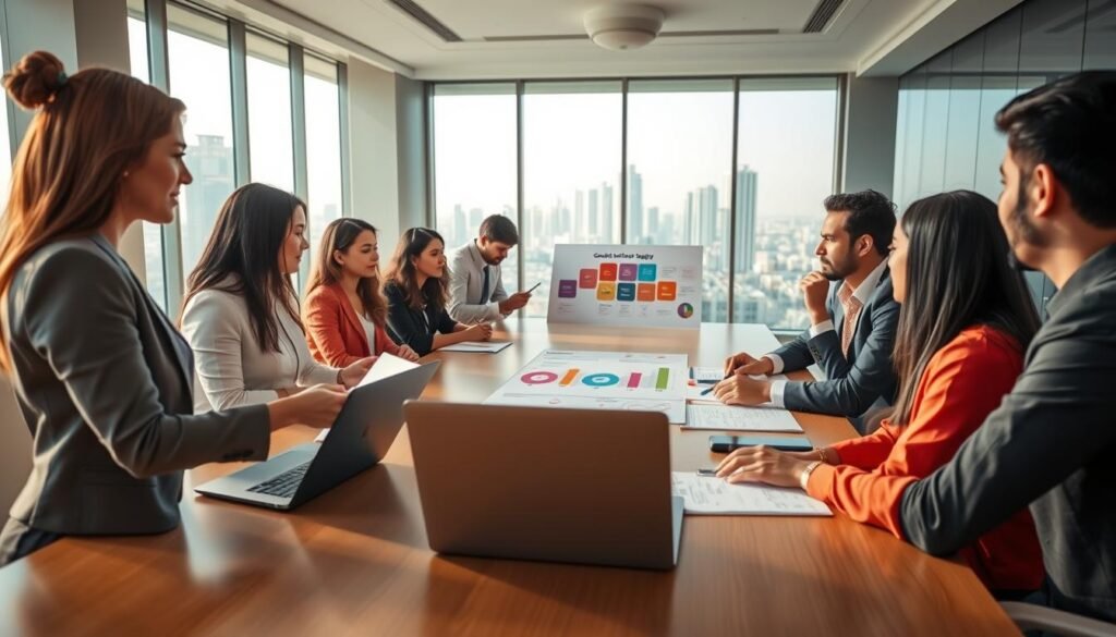 A professional and vibrant office setting in the Middle East featuring a diverse group of women and men collaborating around a large conference table. In the foreground, a Middle Eastern woman in business attire presents data on a laptop, while a South Asian man takes notes attentively. The middle ground shows colleagues engaged in discussion, analyzing a colorful infographic on gender diversity strategies displayed on a wall. In the background, large windows reveal a modern city skyline. Natural light floods the space, creating an optimistic atmosphere. The composition focuses on teamwork and inclusivity, reflecting the essence of gender equality initiatives in MENA companies, with a warm, inviting color palette and dynamic angles to enhance energy and collaboration. A professional and vibrant office setting in the Middle East featuring a diverse group of women and men collaborating around a large conference table. In the foreground, a Middle Eastern woman in business attire presents data on a laptop, while a South Asian man takes notes attentively. The middle ground shows colleagues engaged in discussion, analyzing a colorful infographic on gender diversity strategies displayed on a wall. In the background, large windows reveal a modern city skyline. Natural light floods the space, creating an optimistic atmosphere. The composition focuses on teamwork and inclusivity, reflecting the essence of gender equality initiatives in MENA companies, with a warm, inviting color palette and dynamic angles to enhance energy and collaboration.