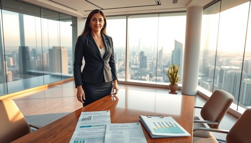 A professional business setting depicting a well-dressed female figure representing Afnan Alshuaiby, standing confidently in a modern office environment. In the foreground, a polished wooden table is adorned with documents highlighting career milestones and achievements. The middle ground features a sleek glass wall with vibrant graphs and data visualizations showcasing success in commerce. In the background, panoramic views of a bustling city skyline symbolize progress and opportunity. Soft, natural lighting filters through large windows, creating an inviting atmosphere. The overall mood is one of professionalism, ambition, and growth, capturing the essence of career milestones in a chamber of commerce context. The image should have a balanced composition, maintaining a clear focus on the subject and the inspiring environment around her. A professional business setting depicting a well-dressed female figure representing Afnan Alshuaiby, standing confidently in a modern office environment. In the foreground, a polished wooden table is adorned with documents highlighting career milestones and achievements. The middle ground features a sleek glass wall with vibrant graphs and data visualizations showcasing success in commerce. In the background, panoramic views of a bustling city skyline symbolize progress and opportunity. Soft, natural lighting filters through large windows, creating an inviting atmosphere. The overall mood is one of professionalism, ambition, and growth, capturing the essence of career milestones in a chamber of commerce context. The image should have a balanced composition, maintaining a clear focus on the subject and the inspiring environment around her.