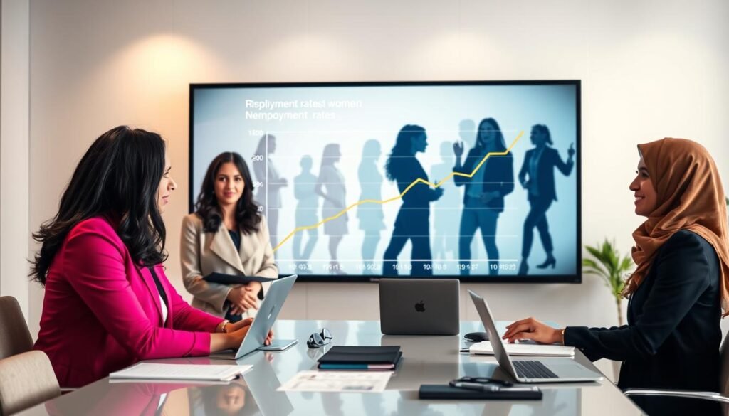 A professional business setting showcasing a diverse group of women in various industries, symbolizing changes in employment and unemployment rates. In the foreground, three women of different ethnicities, dressed in formal business attire, engage in a discussion around a modern conference table with laptops and charts spread out. The middle layer features a large digital screen displaying a graph with rising employment rates for women and declining unemployment rates, overlaid on a subtle, abstract background of silhouettes of women in different professions. In the background, soft lighting creates an inviting atmosphere, highlighting teamwork and empowerment. The scene conveys a sense of progress and collaboration in the Arab labor market. A professional business setting showcasing a diverse group of women in various industries, symbolizing changes in employment and unemployment rates. In the foreground, three women of different ethnicities, dressed in formal business attire, engage in a discussion around a modern conference table with laptops and charts spread out. The middle layer features a large digital screen displaying a graph with rising employment rates for women and declining unemployment rates, overlaid on a subtle, abstract background of silhouettes of women in different professions. In the background, soft lighting creates an inviting atmosphere, highlighting teamwork and empowerment. The scene conveys a sense of progress and collaboration in the Arab labor market.