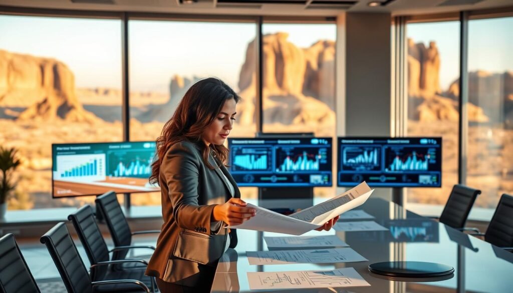A professional business setting showcasing a prominent female figure, Abeer AlAkel, engaged in strategic discussions during a royal commission in Alula, Saudi Arabia. In the foreground, Abeer is portrayed in smart business attire, analyzing documents with a focused expression. The middle ground features a modern conference table, equipped with high-tech screens displaying graphs and strategic plans. The background captures the majestic landscapes of Alula, with its stunning rock formations and desert scenery visible through large glass windows, illuminated by warm, natural light flooding the room. The atmosphere is one of determination and innovation, conveying the significance of her achievements and initiatives in shaping the future of Saudi Arabia. A professional business setting showcasing a prominent female figure, Abeer AlAkel, engaged in strategic discussions during a royal commission in Alula, Saudi Arabia. In the foreground, Abeer is portrayed in smart business attire, analyzing documents with a focused expression. The middle ground features a modern conference table, equipped with high-tech screens displaying graphs and strategic plans. The background captures the majestic landscapes of Alula, with its stunning rock formations and desert scenery visible through large glass windows, illuminated by warm, natural light flooding the room. The atmosphere is one of determination and innovation, conveying the significance of her achievements and initiatives in shaping the future of Saudi Arabia.