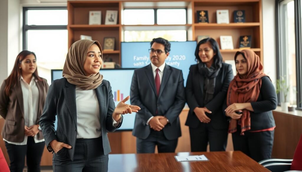 A professional conference room setting featuring a diverse group of leaders from the National Family Safety Program, including Maha Al Muneef. In the foreground, Maha, a Middle-Eastern woman in professional business attire, confidently gestures while discussing family safety initiatives. Beside her, a man in a suit and a woman wearing a modest blouse nod in agreement, showcasing collaboration. The middle ground includes a large presentation screen displaying family safety statistics. In the background, shelves hold books and awards related to social change, softly lit by natural light filtering through large windows, creating an inspiring atmosphere. The composition emphasizes teamwork and dedication to enhancing family safety, with warm, welcoming tones. A professional conference room setting featuring a diverse group of leaders from the National Family Safety Program, including Maha Al Muneef. In the foreground, Maha, a Middle-Eastern woman in professional business attire, confidently gestures while discussing family safety initiatives. Beside her, a man in a suit and a woman wearing a modest blouse nod in agreement, showcasing collaboration. The middle ground includes a large presentation screen displaying family safety statistics. In the background, shelves hold books and awards related to social change, softly lit by natural light filtering through large windows, creating an inspiring atmosphere. The composition emphasizes teamwork and dedication to enhancing family safety, with warm, welcoming tones.
