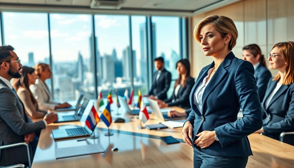 A professional, diverse group of business leaders engaged in a boardroom meeting, symbolizing global influence. In the foreground, a strong female figure in a sharp business suit confidently leading the discussion, with her colleagues actively participating, all dressed in professional business attire. In the middle ground, a large conference table adorned with laptops, documents, and international flags representing various countries. The background showcases a panoramic window displaying a modern city skyline, suggesting a global perspective. Soft, natural lighting streams in, creating an inspiring atmosphere. The angle is slightly elevated to capture the dynamic interaction among the group while emphasizing their collaborative spirit and the gravity of their discussions on global business strategies. A professional, diverse group of business leaders engaged in a boardroom meeting, symbolizing global influence. In the foreground, a strong female figure in a sharp business suit confidently leading the discussion, with her colleagues actively participating, all dressed in professional business attire. In the middle ground, a large conference table adorned with laptops, documents, and international flags representing various countries. The background showcases a panoramic window displaying a modern city skyline, suggesting a global perspective. Soft, natural lighting streams in, creating an inspiring atmosphere. The angle is slightly elevated to capture the dynamic interaction among the group while emphasizing their collaborative spirit and the gravity of their discussions on global business strategies.