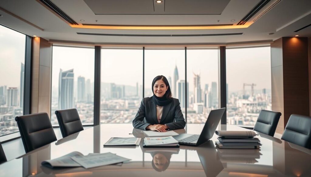 A professional female figure, Sarah Al-Suhaimi, confidently sitting at a beautifully designed conference table in a modern office with a panoramic view of Riyadh’s skyline. She is dressed in a stylish and modest business suit, exuding authority and professionalism. The foreground features documents, a laptop, and financial reports, symbolizing her leadership role. In the middle ground, large windows let in warm, natural light, while the Riyadh skyline, showcasing contemporary architecture, fills the background. The atmosphere is inspiring and ambitious, with a light color palette enhancing the sense of success and determination. Capture the moment with a soft focus, a slight high-angle shot, allowing the viewer to feel the weight of her accomplishments in the financial sector. A professional female figure, Sarah Al-Suhaimi, confidently sitting at a beautifully designed conference table in a modern office with a panoramic view of Riyadh’s skyline. She is dressed in a stylish and modest business suit, exuding authority and professionalism. The foreground features documents, a laptop, and financial reports, symbolizing her leadership role. In the middle ground, large windows let in warm, natural light, while the Riyadh skyline, showcasing contemporary architecture, fills the background. The atmosphere is inspiring and ambitious, with a light color palette enhancing the sense of success and determination. Capture the moment with a soft focus, a slight high-angle shot, allowing the viewer to feel the weight of her accomplishments in the financial sector.