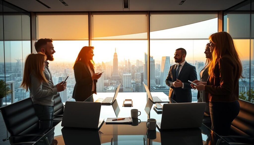 A professional networking scene set in a sleek, modern office environment. In the foreground, a diverse group of four people in professional business attire engage in conversation, exchanging business cards with smiles. In the middle, a glass conference table is adorned with laptops, notebooks, and coffee cups, symbolizing collaboration. In the background, a large window reveals a panoramic view of a bustling city skyline, bathed in warm, natural light during the golden hour. The atmosphere is vibrant yet focused, conveying a sense of ambition and opportunity. The image should evoke feelings of connection, professionalism, and success, emphasizing the importance of building strong professional networks. A professional networking scene set in a sleek, modern office environment. In the foreground, a diverse group of four people in professional business attire engage in conversation, exchanging business cards with smiles. In the middle, a glass conference table is adorned with laptops, notebooks, and coffee cups, symbolizing collaboration. In the background, a large window reveals a panoramic view of a bustling city skyline, bathed in warm, natural light during the golden hour. The atmosphere is vibrant yet focused, conveying a sense of ambition and opportunity. The image should evoke feelings of connection, professionalism, and success, emphasizing the importance of building strong professional networks.