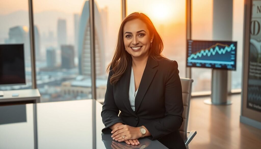 A professional portrait of Sarah Al-Suhaimi, the CEO of NCB Capital, in an elegant office setting. In the foreground, she is seated at a sleek modern desk, wearing a smart business suit, exuding confidence and poise. The middle ground features a large window showcasing a panoramic view of Riyadh's skyline bathed in warm golden-hour lighting, symbolizing growth and opportunity. In the background, subtle hints of financial graphs and charts are visible on a digital screen, emphasizing her achievements in growth management. The atmosphere is inspiring and professional, conveying success and leadership in the financial sector, with a soft focus on the office's contemporary decor. Use a 35mm lens for a slightly blurred background effect. A professional portrait of Sarah Al-Suhaimi, the CEO of NCB Capital, in an elegant office setting. In the foreground, she is seated at a sleek modern desk, wearing a smart business suit, exuding confidence and poise. The middle ground features a large window showcasing a panoramic view of Riyadh's skyline bathed in warm golden-hour lighting, symbolizing growth and opportunity. In the background, subtle hints of financial graphs and charts are visible on a digital screen, emphasizing her achievements in growth management. The atmosphere is inspiring and professional, conveying success and leadership in the financial sector, with a soft focus on the office's contemporary decor. Use a 35mm lens for a slightly blurred background effect.