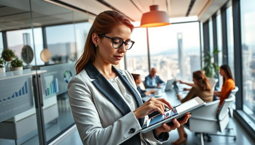 A professional woman in business attire, confidently navigating a modern office space filled with innovative technology and charts depicting career growth. In the foreground, she is closely examining a digital tablet displaying business metrics, while her thoughtful expression reflects determination and ambition. In the middle ground, a stylish conference room showcases a diverse team engaged in a brainstorming session, surrounded by glass walls and futuristic decorations. The background offers a panoramic view of a bustling city skyline under soft, natural lighting from large windows, symbolizing progress and opportunity. The overall mood is inspiring and dynamic, radiating a sense of achievement and forward-thinking innovation, captured with a slightly elevated angle to emphasize depth and engagement. A professional woman in business attire, confidently navigating a modern office space filled with innovative technology and charts depicting career growth. In the foreground, she is closely examining a digital tablet displaying business metrics, while her thoughtful expression reflects determination and ambition. In the middle ground, a stylish conference room showcases a diverse team engaged in a brainstorming session, surrounded by glass walls and futuristic decorations. The background offers a panoramic view of a bustling city skyline under soft, natural lighting from large windows, symbolizing progress and opportunity. The overall mood is inspiring and dynamic, radiating a sense of achievement and forward-thinking innovation, captured with a slightly elevated angle to emphasize depth and engagement.