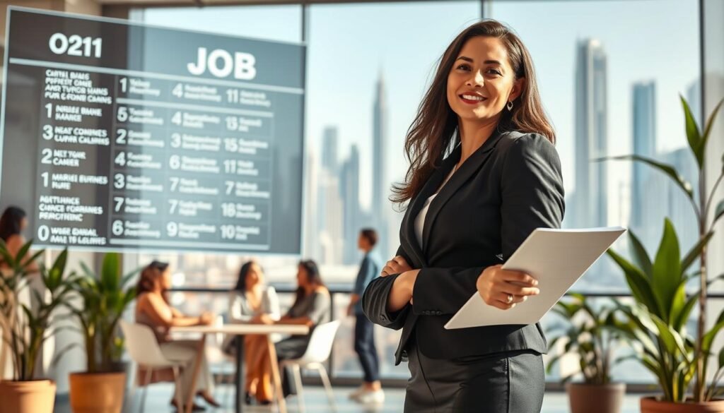 A professional woman in smart business attire stands confidently in the foreground, holding a resume and looking towards a futuristic digital job board displaying numerous employment opportunities in the UAE. In the middle ground, diverse groups of women are engaged in discussions and sharing experiences, surrounded by plants and an inviting workspace. The background features a modern skyline of Dubai, reflecting a vibrant job market. Soft, natural lighting fills the scene, enhancing a sense of positivity and ambition. The camera angle is slightly low, creating an empowering perspective on the woman in the foreground. The overall mood is inspiring, focused on empowerment and success in the job search process for women in the UAE. A professional woman in smart business attire stands confidently in the foreground, holding a resume and looking towards a futuristic digital job board displaying numerous employment opportunities in the UAE. In the middle ground, diverse groups of women are engaged in discussions and sharing experiences, surrounded by plants and an inviting workspace. The background features a modern skyline of Dubai, reflecting a vibrant job market. Soft, natural lighting fills the scene, enhancing a sense of positivity and ambition. The camera angle is slightly low, creating an empowering perspective on the woman in the foreground. The overall mood is inspiring, focused on empowerment and success in the job search process for women in the UAE.