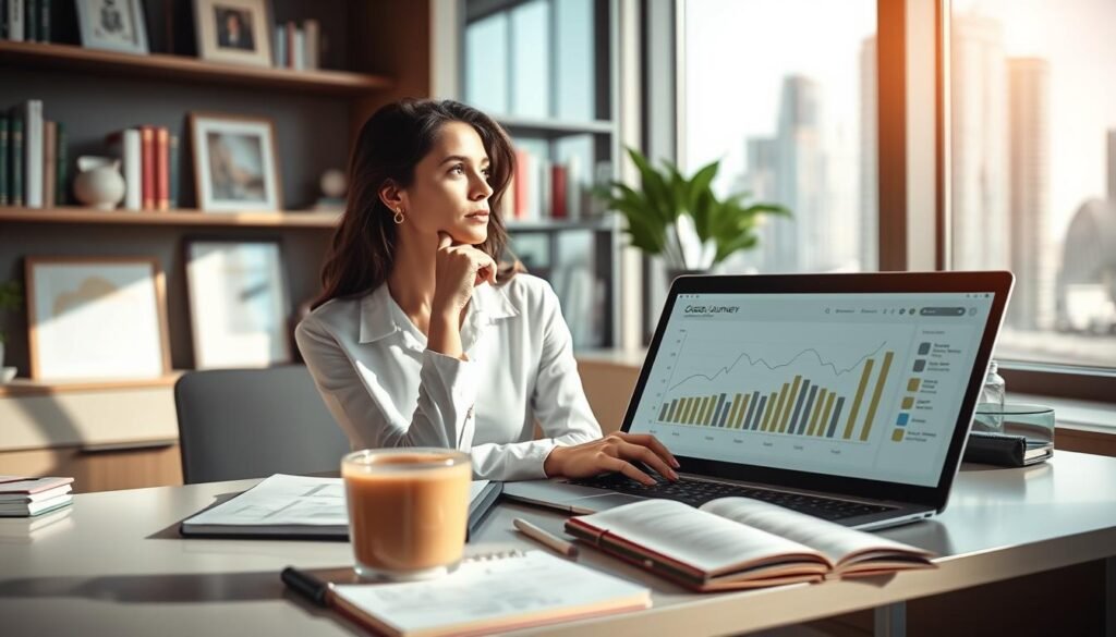 A reflective business setting featuring a professional woman sitting at a sleek desk, surrounded by symbols of her career milestones such as framed awards and a laptop displaying graphs, illustrating her career journey. The foreground focuses on her thoughtful expression as she gazes out of the window, pondering her career insights. The middle ground includes elements like a warm cup of coffee and a notepad with handwritten notes, symbolizing personal reflections. The background consists of softly blurred office elements, including bookshelves filled with business literature and a cityscape view, capturing the essence of Saudi Arabia. The scene is lit with natural light streaming in, creating an inspiring atmosphere that conveys determination and success. The overall mood is contemplative and professional, emphasizing personal growth and achievement. A reflective business setting featuring a professional woman sitting at a sleek desk, surrounded by symbols of her career milestones such as framed awards and a laptop displaying graphs, illustrating her career journey. The foreground focuses on her thoughtful expression as she gazes out of the window, pondering her career insights. The middle ground includes elements like a warm cup of coffee and a notepad with handwritten notes, symbolizing personal reflections. The background consists of softly blurred office elements, including bookshelves filled with business literature and a cityscape view, capturing the essence of Saudi Arabia. The scene is lit with natural light streaming in, creating an inspiring atmosphere that conveys determination and success. The overall mood is contemplative and professional, emphasizing personal growth and achievement.