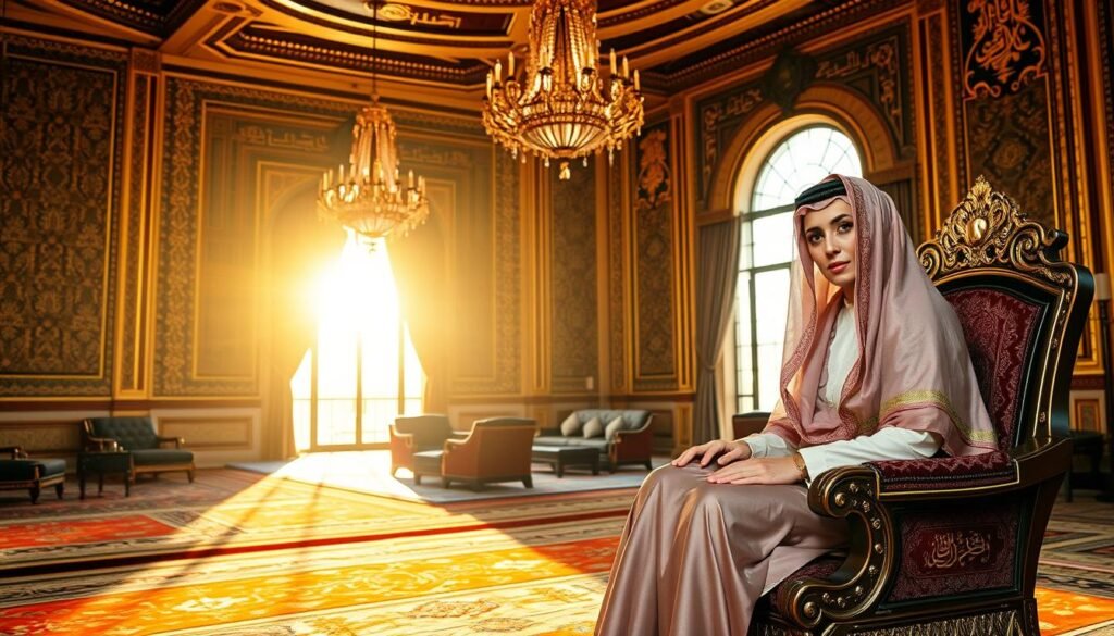 A regal Saudi Arabian palace interior, showcasing rich heritage elements such as intricate gold-patterned wall tapestries, ornate chandeliers, and traditional Arabic calligraphy adorning the walls. In the foreground, a beautifully adorned Saudi princess in elegant, modest attire sits gracefully on an opulent throne made of wood and gold accents, her expression reflecting strength and dignity. In the middle ground, elaborate carpets with vibrant colors lead to a lavishly decorated majlis area with plush seating and traditional coffee sets. The background features large windows allowing warm, golden sunlight to illuminate the scene, casting soft shadows that enhance the intricate details. The atmosphere conveys a sense of legacy and tradition, embodying the royal history and ancestry of Saudi Arabia. A regal Saudi Arabian palace interior, showcasing rich heritage elements such as intricate gold-patterned wall tapestries, ornate chandeliers, and traditional Arabic calligraphy adorning the walls. In the foreground, a beautifully adorned Saudi princess in elegant, modest attire sits gracefully on an opulent throne made of wood and gold accents, her expression reflecting strength and dignity. In the middle ground, elaborate carpets with vibrant colors lead to a lavishly decorated majlis area with plush seating and traditional coffee sets. The background features large windows allowing warm, golden sunlight to illuminate the scene, casting soft shadows that enhance the intricate details. The atmosphere conveys a sense of legacy and tradition, embodying the royal history and ancestry of Saudi Arabia.