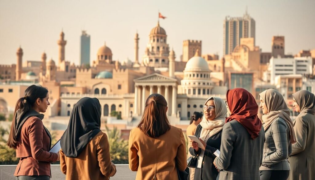 A scene depicting the complex landscape of legal obstacles and policy challenges for women's rights in the Middle East. In the foreground, a diverse group of professional women dressed in business attire engage in discussion, surrounded by symbolic items such as legal documents and policy papers. The middle ground features a representation of a courthouse and government building, illustrating the legal framework. In the background, traditional Middle Eastern architecture merges with modern structures, symbolizing the tension between tradition and progress. The image is softly lit, creating a thoughtful atmosphere, with warm tones suggesting hope amidst challenges. The perspective is slightly elevated, capturing the dynamic interplay between the subjects and their environment. A scene depicting the complex landscape of legal obstacles and policy challenges for women's rights in the Middle East. In the foreground, a diverse group of professional women dressed in business attire engage in discussion, surrounded by symbolic items such as legal documents and policy papers. The middle ground features a representation of a courthouse and government building, illustrating the legal framework. In the background, traditional Middle Eastern architecture merges with modern structures, symbolizing the tension between tradition and progress. The image is softly lit, creating a thoughtful atmosphere, with warm tones suggesting hope amidst challenges. The perspective is slightly elevated, capturing the dynamic interplay between the subjects and their environment.