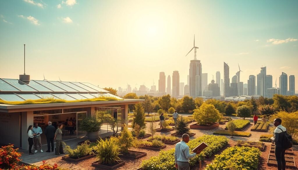 A serene and inspiring landscape showcasing a juxtaposition of legacy and sustainable future projects. In the foreground, a polished, modern community center made of eco-friendly materials, featuring solar panels and greenery on the roof, occupied by diverse professionals in business attire collaborating and discussing plans. The middle ground displays lush gardens with community members engaged in sustainable activities, such as planting trees and maintaining a community garden. In the background, a skyline featuring innovative, green skyscrapers with vertical gardens, wind turbines, and solar panels, under a bright, sunny sky. Warm, natural lighting enhances the atmosphere of hope and progress. The composition highlights the harmony between tradition and innovation, symbolizing a commitment to sustainability for future generations. A serene and inspiring landscape showcasing a juxtaposition of legacy and sustainable future projects. In the foreground, a polished, modern community center made of eco-friendly materials, featuring solar panels and greenery on the roof, occupied by diverse professionals in business attire collaborating and discussing plans. The middle ground displays lush gardens with community members engaged in sustainable activities, such as planting trees and maintaining a community garden. In the background, a skyline featuring innovative, green skyscrapers with vertical gardens, wind turbines, and solar panels, under a bright, sunny sky. Warm, natural lighting enhances the atmosphere of hope and progress. The composition highlights the harmony between tradition and innovation, symbolizing a commitment to sustainability for future generations.