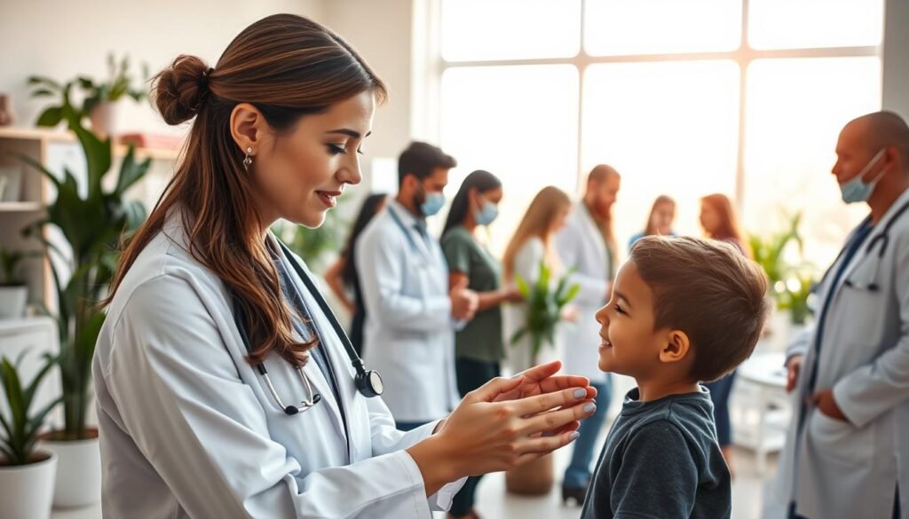 A serene and inspiring scene depicting layers of hope and care in medicine and health. In the foreground, a compassionate female doctor in professional attire is gently interacting with a young patient, showcasing empathy and connection. Surrounding them in the middle ground, diverse healthcare professionals collaborate around a bright, modern clinic space filled with plants, medical charts, and a warm, inviting atmosphere. In the background, large windows let in soft, natural light, illuminating the room and creating a sense of openness and optimism. The overall mood is uplifting and hopeful, emphasizing the themes of healing and support in healthcare, with a focus on collaboration and community. The composition captures a moment of genuine care without any text or distractions. A serene and inspiring scene depicting layers of hope and care in medicine and health. In the foreground, a compassionate female doctor in professional attire is gently interacting with a young patient, showcasing empathy and connection. Surrounding them in the middle ground, diverse healthcare professionals collaborate around a bright, modern clinic space filled with plants, medical charts, and a warm, inviting atmosphere. In the background, large windows let in soft, natural light, illuminating the room and creating a sense of openness and optimism. The overall mood is uplifting and hopeful, emphasizing the themes of healing and support in healthcare, with a focus on collaboration and community. The composition captures a moment of genuine care without any text or distractions.