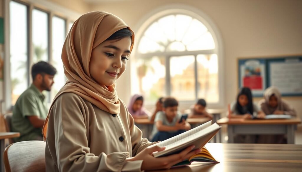 A serene classroom setting in the foreground, featuring a young Saudi girl in modest casual clothing, eagerly reading a book, symbolizing early education. In the middle ground, a diverse group of students engages in collaborative learning activities, showcasing teamwork and curiosity. The background depicts a bright, sunlit window with a view of palm trees and traditional Saudi architecture, representing cultural roots and the environment of growing up in Saudi Arabia. Soft, warm lighting enhances the inviting atmosphere, emphasizing hope and potential. The lens focuses on the girl, creating a sense of intimacy and inspiration. The mood is one of empowerment and aspiration, capturing the foundational moments of an impactful educational journey. A serene classroom setting in the foreground, featuring a young Saudi girl in modest casual clothing, eagerly reading a book, symbolizing early education. In the middle ground, a diverse group of students engages in collaborative learning activities, showcasing teamwork and curiosity. The background depicts a bright, sunlit window with a view of palm trees and traditional Saudi architecture, representing cultural roots and the environment of growing up in Saudi Arabia. Soft, warm lighting enhances the inviting atmosphere, emphasizing hope and potential. The lens focuses on the girl, creating a sense of intimacy and inspiration. The mood is one of empowerment and aspiration, capturing the foundational moments of an impactful educational journey.