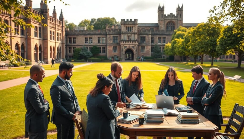 A serene scene of Durham University showcasing its majestic architecture, particularly the historic Durham Castle and Cathedral in the background. In the foreground, a diverse group of students in professional business attire stands together, engaged in discussion and studying law textbooks. They are positioned around a classic wooden table scattered with legal documents, laptops, and coffee cups, symbolizing a collaborative learning environment. The middle ground features lush green lawns and paths lined with trees, creating a vibrant atmosphere. Soft, natural sunlight filters through the branches, casting gentle shadows, while a warm, inviting mood enhances the scholarly atmosphere. The scene captures the essence of higher education, aspiration, and cultural diversity, embodying the spirit of academic pursuit in law. A serene scene of Durham University showcasing its majestic architecture, particularly the historic Durham Castle and Cathedral in the background. In the foreground, a diverse group of students in professional business attire stands together, engaged in discussion and studying law textbooks. They are positioned around a classic wooden table scattered with legal documents, laptops, and coffee cups, symbolizing a collaborative learning environment. The middle ground features lush green lawns and paths lined with trees, creating a vibrant atmosphere. Soft, natural sunlight filters through the branches, casting gentle shadows, while a warm, inviting mood enhances the scholarly atmosphere. The scene captures the essence of higher education, aspiration, and cultural diversity, embodying the spirit of academic pursuit in law.