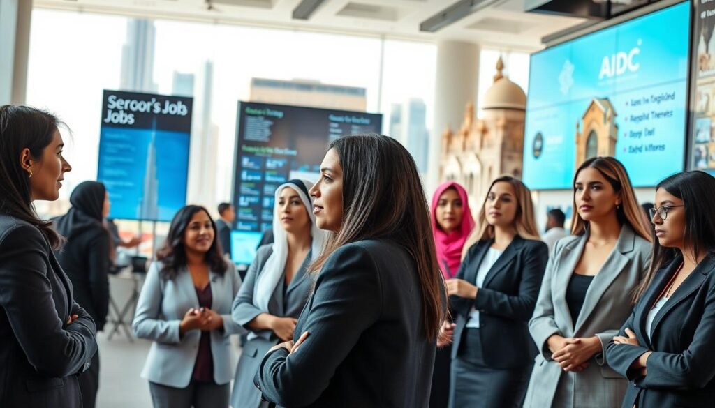 A vibrant Emirati job market scene, highlighting the challenges faced by women. In the foreground, a diverse group of professional women in smart business attire, engaged in discussions and networking, showcasing determination and empowerment. In the middle ground, a modern office environment with high-tech elements and job listings displayed on digital screens. The background features iconic UAE architecture, like the Burj Khalifa and traditional souks, symbolizing the blend of tradition and modernity in the job landscape. Soft, natural lighting enhances the scene, creating an optimistic ambiance. Capture this from a slightly elevated angle to provide an expansive view of the dynamic workplace, while focusing on the women’s expressions of ambition and resilience. A vibrant Emirati job market scene, highlighting the challenges faced by women. In the foreground, a diverse group of professional women in smart business attire, engaged in discussions and networking, showcasing determination and empowerment. In the middle ground, a modern office environment with high-tech elements and job listings displayed on digital screens. The background features iconic UAE architecture, like the Burj Khalifa and traditional souks, symbolizing the blend of tradition and modernity in the job landscape. Soft, natural lighting enhances the scene, creating an optimistic ambiance. Capture this from a slightly elevated angle to provide an expansive view of the dynamic workplace, while focusing on the women’s expressions of ambition and resilience.