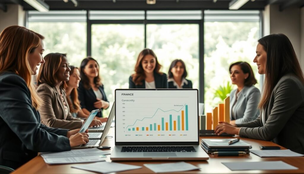 A vibrant and empowering scene illustrating women's entrepreneurship through financing. In the foreground, a diverse group of women in professional business attire engage in a dynamic discussion around a table scattered with laptops and documents, symbolizing collaboration and innovation. In the middle ground, an open laptop displays charts and growth metrics, showcasing successful project outcomes. The background features a modern office space with large windows, allowing natural light to flood the room, creating an inspiring atmosphere. Soft-focus greenery can be seen outside, representing growth and opportunity. The mood is optimistic and focused, conveying the importance of financing in enabling women's projects and highlighting their unique advantages in business. A vibrant and empowering scene illustrating women's entrepreneurship through financing. In the foreground, a diverse group of women in professional business attire engage in a dynamic discussion around a table scattered with laptops and documents, symbolizing collaboration and innovation. In the middle ground, an open laptop displays charts and growth metrics, showcasing successful project outcomes. The background features a modern office space with large windows, allowing natural light to flood the room, creating an inspiring atmosphere. Soft-focus greenery can be seen outside, representing growth and opportunity. The mood is optimistic and focused, conveying the importance of financing in enabling women's projects and highlighting their unique advantages in business.