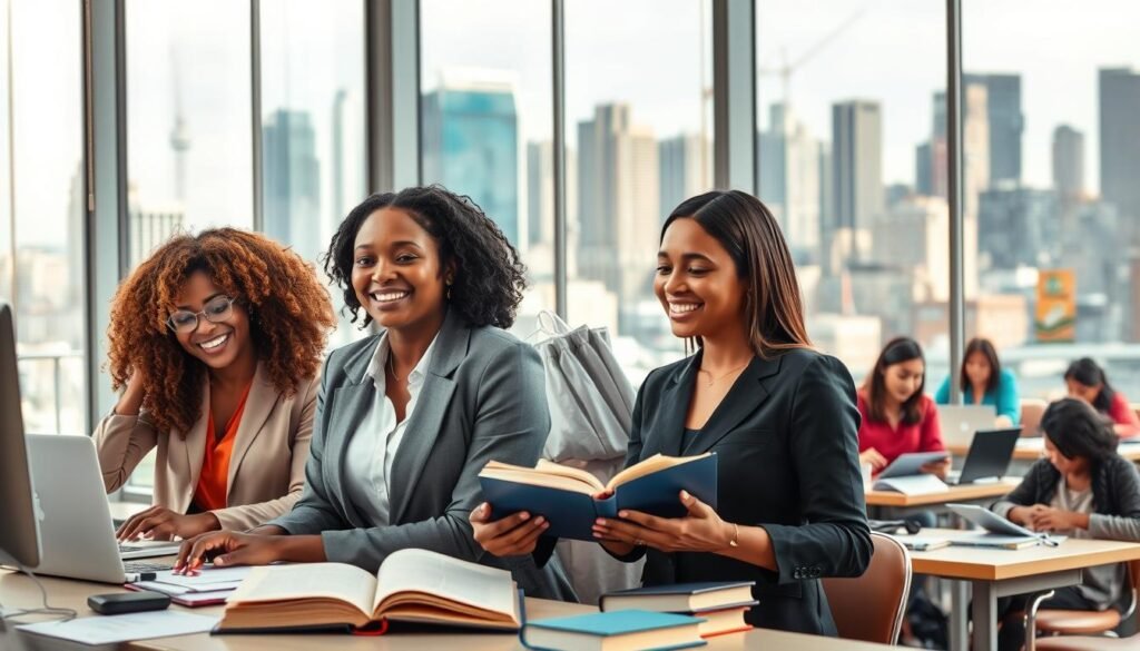 A vibrant and empowering scene showcasing a diverse group of women engaged in education and employment. In the foreground, three women of varied ethnic backgrounds are actively collaborating at a modern workspace, dressed in professional business attire, highlighting teamwork and determination. The middle ground features a classroom setting where another group of women is engaged in a learning activity, showcasing books and technology, symbolizing education's role in socioeconomic progress. In the background, a city skyline hints at development and growth, with subtle signs of political empowerment, like banners or buildings with symbolic designs. Soft, natural lighting filters through large windows, creating an optimistic and hopeful atmosphere that inspires a sense of advancement and change. A vibrant and empowering scene showcasing a diverse group of women engaged in education and employment. In the foreground, three women of varied ethnic backgrounds are actively collaborating at a modern workspace, dressed in professional business attire, highlighting teamwork and determination. The middle ground features a classroom setting where another group of women is engaged in a learning activity, showcasing books and technology, symbolizing education's role in socioeconomic progress. In the background, a city skyline hints at development and growth, with subtle signs of political empowerment, like banners or buildings with symbolic designs. Soft, natural lighting filters through large windows, creating an optimistic and hopeful atmosphere that inspires a sense of advancement and change.