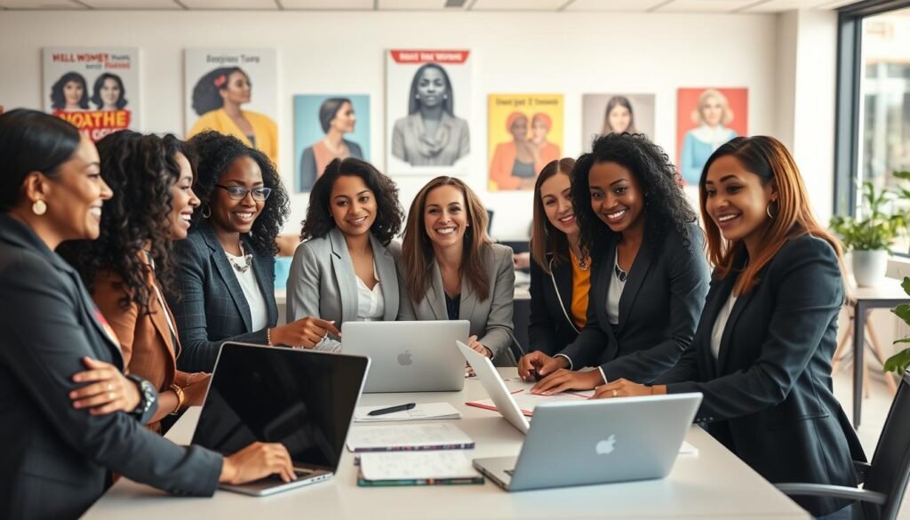 A vibrant and engaging scene depicting the empowerment of women in the workplace, focused on cultural awareness and economic participation. In the foreground, a diverse group of women in professional business attire are engaged in a lively discussion around a table filled with laptops and documents. The middle ground features a backdrop of a modern office environment with large windows, allowing natural light to flood the space. In the background, inspirational posters showcasing women's achievements hang on the walls, promoting the importance of female economic involvement. The atmosphere is positive and motivating, reflecting a sense of collaboration and support. Use a soft focus lens to create a warm, inviting ambiance, with bright lighting that highlights the expressions of determination and enthusiasm on the participants' faces. A vibrant and engaging scene depicting the empowerment of women in the workplace, focused on cultural awareness and economic participation. In the foreground, a diverse group of women in professional business attire are engaged in a lively discussion around a table filled with laptops and documents. The middle ground features a backdrop of a modern office environment with large windows, allowing natural light to flood the space. In the background, inspirational posters showcasing women's achievements hang on the walls, promoting the importance of female economic involvement. The atmosphere is positive and motivating, reflecting a sense of collaboration and support. Use a soft focus lens to create a warm, inviting ambiance, with bright lighting that highlights the expressions of determination and enthusiasm on the participants' faces.