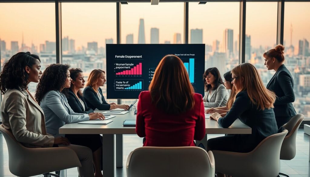 A vibrant and inspiring scene depicting female entrepreneurs at work, showcasing both opportunities and challenges in women's entrepreneurship. In the foreground, a diverse group of women of various ethnicities is engaged in a brainstorming session around a modern conference table, dressed in professional business attire. In the middle ground, a digital screen displays growth charts and inspirational quotes about female empowerment. In the background, large windows reveal a city skyline, suggesting the global reach of women-led businesses. Soft, warm lighting creates an atmosphere of collaboration and innovation, while an optimistic color palette enhances the mood of empowerment and determination. The perspective is slightly low-angle to emphasize the strength and ambition of the women in the scene. A vibrant and inspiring scene depicting female entrepreneurs at work, showcasing both opportunities and challenges in women's entrepreneurship. In the foreground, a diverse group of women of various ethnicities is engaged in a brainstorming session around a modern conference table, dressed in professional business attire. In the middle ground, a digital screen displays growth charts and inspirational quotes about female empowerment. In the background, large windows reveal a city skyline, suggesting the global reach of women-led businesses. Soft, warm lighting creates an atmosphere of collaboration and innovation, while an optimistic color palette enhances the mood of empowerment and determination. The perspective is slightly low-angle to emphasize the strength and ambition of the women in the scene.