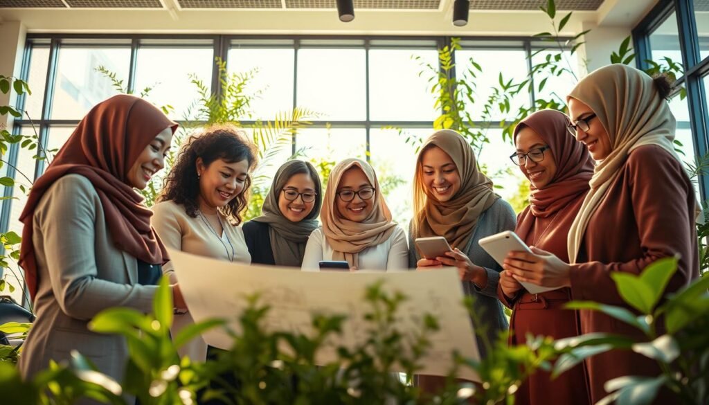A vibrant and inspiring scene depicting the benefits of supporting women's projects. In the foreground, a diverse group of women of different ethnicities, dressed in professional and modest business attire, collaborate over project blueprints and digital devices, showcasing teamwork and innovation. The middle ground features a modern office space filled with greenery, emphasizing a nurturing and creative atmosphere. In the background, large windows allow natural sunlight to flood the room, symbolizing hope and opportunity. Soft, warm lighting enhances the welcoming ambiance, while a low-angle perspective creates a sense of empowerment and growth. The overall mood is optimistic and vibrant, perfectly illustrating the positive impact of women's entrepreneurship. A vibrant and inspiring scene depicting the benefits of supporting women's projects. In the foreground, a diverse group of women of different ethnicities, dressed in professional and modest business attire, collaborate over project blueprints and digital devices, showcasing teamwork and innovation. The middle ground features a modern office space filled with greenery, emphasizing a nurturing and creative atmosphere. In the background, large windows allow natural sunlight to flood the room, symbolizing hope and opportunity. Soft, warm lighting enhances the welcoming ambiance, while a low-angle perspective creates a sense of empowerment and growth. The overall mood is optimistic and vibrant, perfectly illustrating the positive impact of women's entrepreneurship.