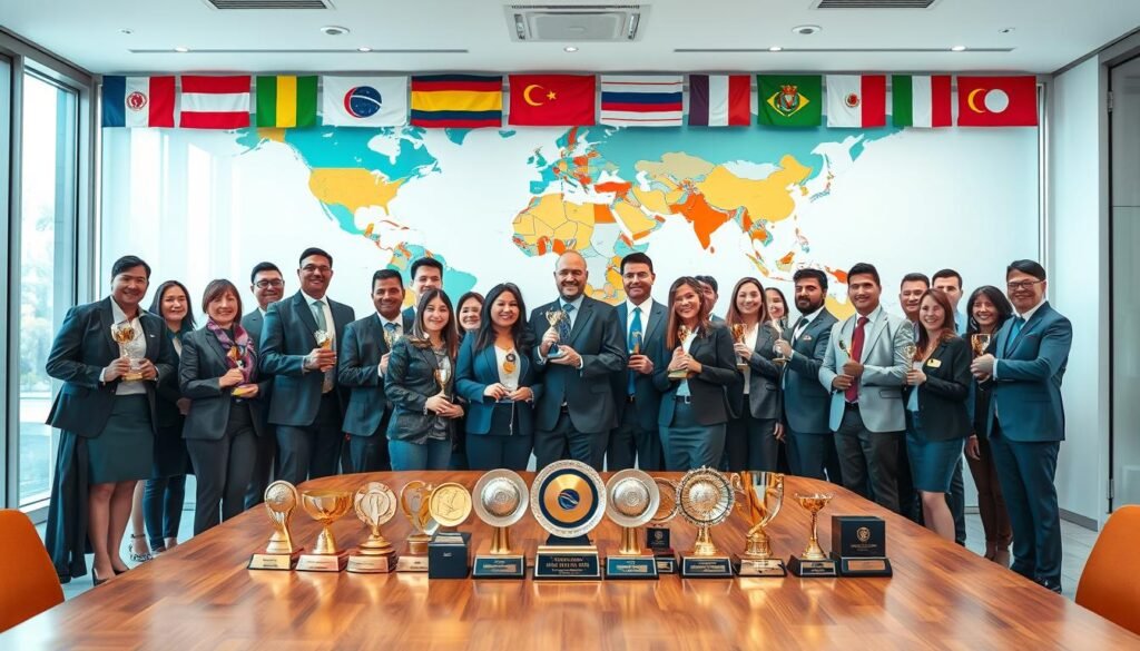 A vibrant and inspiring scene illustrating international recognitions and achievements. In the foreground, a diverse group of professionals in formal business attire are gathered, celebrating in front of a large world map adorned with various flags. They are holding prestigious awards and trophies, symbolizing their accomplishments. In the middle ground, an elegant display of shimmering medals and accolades is showcased on a polished wooden table, exuding success and aspiration. The background features a bright and airy conference room with large windows, allowing natural light to fill the space, creating an uplifting atmosphere. The composition is shot with a wide-angle lens to capture the full essence of the celebration, emphasizing unity and achievement on a global scale. A vibrant and inspiring scene illustrating international recognitions and achievements. In the foreground, a diverse group of professionals in formal business attire are gathered, celebrating in front of a large world map adorned with various flags. They are holding prestigious awards and trophies, symbolizing their accomplishments. In the middle ground, an elegant display of shimmering medals and accolades is showcased on a polished wooden table, exuding success and aspiration. The background features a bright and airy conference room with large windows, allowing natural light to fill the space, creating an uplifting atmosphere. The composition is shot with a wide-angle lens to capture the full essence of the celebration, emphasizing unity and achievement on a global scale.