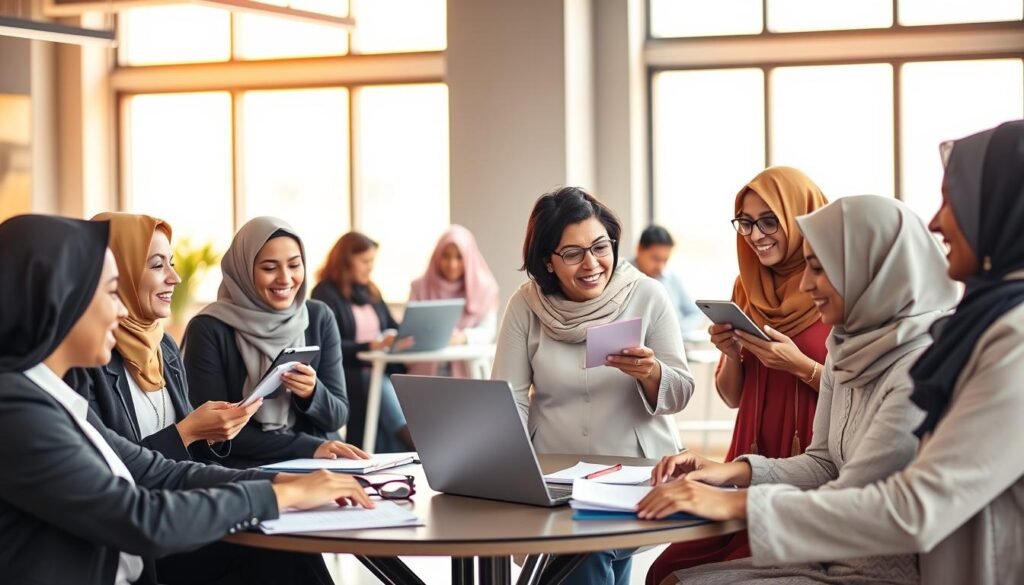 A vibrant and inspiring scene illustrating successful financial empowerment for women in an Arab context. In the foreground, a diverse group of women of different ages and backgrounds are engaged in a lively discussion, dressed in professional business attire and modest casual clothing. They are seated around a table with laptops, notepads, and financial documents, showing collaboration and ambition. In the middle ground, additional women are working independently, analyzing data on digital devices, creating an atmosphere of innovation and empowerment. The background features a modern office space with large windows letting in warm, natural light, symbolizing openness and opportunities. The overall mood is optimistic and dynamic, reflecting a sense of achievement and progress in women's financial independence. A vibrant and inspiring scene illustrating successful financial empowerment for women in an Arab context. In the foreground, a diverse group of women of different ages and backgrounds are engaged in a lively discussion, dressed in professional business attire and modest casual clothing. They are seated around a table with laptops, notepads, and financial documents, showing collaboration and ambition. In the middle ground, additional women are working independently, analyzing data on digital devices, creating an atmosphere of innovation and empowerment. The background features a modern office space with large windows letting in warm, natural light, symbolizing openness and opportunities. The overall mood is optimistic and dynamic, reflecting a sense of achievement and progress in women's financial independence.