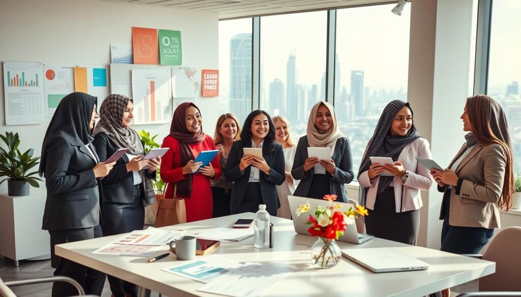 A vibrant and inspiring scene showcases Arab women entrepreneurs celebrating their achievements across various fields. In the foreground, a diverse group of women in professional business attire engages in lively discussion, holding tablets and laptops. They represent multiple industries, such as technology, fashion, and finance. In the middle ground, an elegant workspace featuring modern office elements, colorful charts, and inspirational posters promotes a sense of innovation and progress. In the background, a large window reveals a bustling city skyline, symbolizing growth and opportunity. Soft, natural light fills the space, creating an uplifting atmosphere. The camera angle is slightly elevated, emphasizing the camaraderie and empowerment among these trailblazing women while conveying hope and ambition. A vibrant and inspiring scene showcases Arab women entrepreneurs celebrating their achievements across various fields. In the foreground, a diverse group of women in professional business attire engages in lively discussion, holding tablets and laptops. They represent multiple industries, such as technology, fashion, and finance. In the middle ground, an elegant workspace featuring modern office elements, colorful charts, and inspirational posters promotes a sense of innovation and progress. In the background, a large window reveals a bustling city skyline, symbolizing growth and opportunity. Soft, natural light fills the space, creating an uplifting atmosphere. The camera angle is slightly elevated, emphasizing the camaraderie and empowerment among these trailblazing women while conveying hope and ambition.