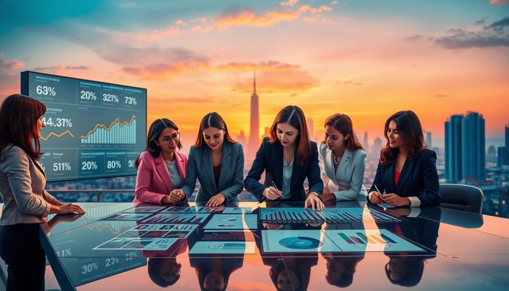 A vibrant and modern digital illustration representing future opportunities in the field of statistics, focusing on women's empowerment in the MENA region. In the foreground, a diverse group of professional women in business attire are collaborating over data charts and graphs on a sleek, high-tech table, showcasing their engagement and determination. The middle ground features large digital screens displaying statistical data with upward trends and statistics related to women's issues. The background presents a city skyline against a twilight sky, symbolizing growth and progress. Use warm, inviting lighting to create an optimistic atmosphere, captured with a slight upward angle to emphasize ambition and forward-thinking. The overall mood is one of empowerment, collaboration, and hope for future advancements in statistical fields. A vibrant and modern digital illustration representing future opportunities in the field of statistics, focusing on women's empowerment in the MENA region. In the foreground, a diverse group of professional women in business attire are collaborating over data charts and graphs on a sleek, high-tech table, showcasing their engagement and determination. The middle ground features large digital screens displaying statistical data with upward trends and statistics related to women's issues. The background presents a city skyline against a twilight sky, symbolizing growth and progress. Use warm, inviting lighting to create an optimistic atmosphere, captured with a slight upward angle to emphasize ambition and forward-thinking. The overall mood is one of empowerment, collaboration, and hope for future advancements in statistical fields.