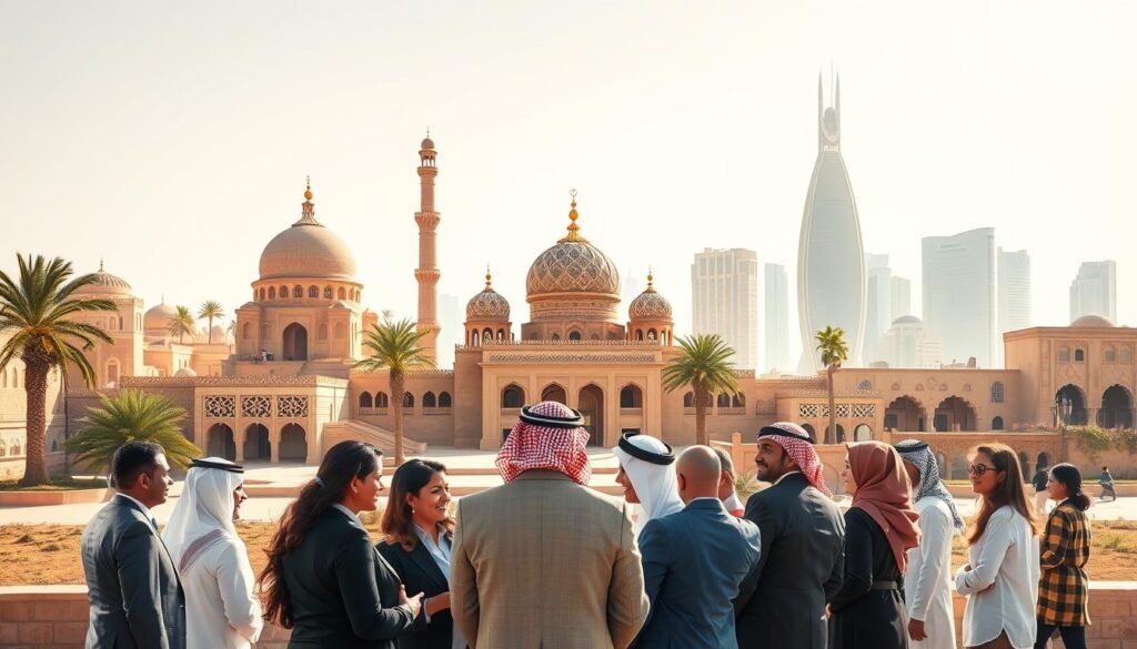 A vibrant scene depicting cultural heritage in Saudi Arabia as part of Vision 2030. In the foreground, a group of diverse professionals in smart business attire, engaged in a collaborative discussion, symbolizing teamwork and innovation. The middle ground features iconic Saudi architectural wonders, such as traditional mud-brick buildings, intricate mosaics, and palm trees, reflecting the rich cultural history. The background showcases a modern skyline, embodying the future aspirations of Saudi Arabia. The lighting is warm, suggesting a midday sun that casts soft shadows and enhances the colors of the buildings, while a slight lens flare adds a touch of creativity. The overall mood is optimistic and forward-looking, embodying the spirit of cultural preservation and progress under Vision 2030. A vibrant scene depicting cultural heritage in Saudi Arabia as part of Vision 2030. In the foreground, a group of diverse professionals in smart business attire, engaged in a collaborative discussion, symbolizing teamwork and innovation. The middle ground features iconic Saudi architectural wonders, such as traditional mud-brick buildings, intricate mosaics, and palm trees, reflecting the rich cultural history. The background showcases a modern skyline, embodying the future aspirations of Saudi Arabia. The lighting is warm, suggesting a midday sun that casts soft shadows and enhances the colors of the buildings, while a slight lens flare adds a touch of creativity. The overall mood is optimistic and forward-looking, embodying the spirit of cultural preservation and progress under Vision 2030.