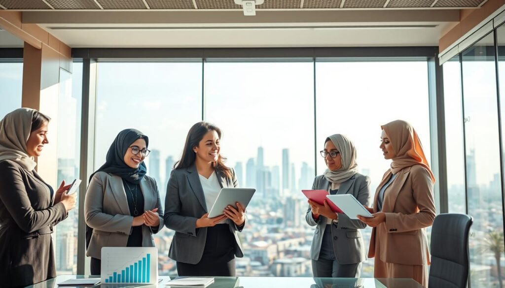 A vibrant scene depicting the importance of financial empowerment for Arab women in economic development. In the foreground, a diverse group of Arab women in professional business attire, confidently discussing financial strategies and using technology like laptops and tablets. In the middle ground, a modern office environment with charts and graphs illustrating economic growth, showing a collaborative atmosphere. In the background, an expansive view of a bustling city skyline representing progress and opportunity. The lighting is bright and inspiring, with soft daylight filtering through large windows, creating an uplifting mood. The focus should be on empowerment, collaboration, and a forward-looking perspective, showcasing the vital role women play in economic advancement. A vibrant scene depicting the importance of financial empowerment for Arab women in economic development. In the foreground, a diverse group of Arab women in professional business attire, confidently discussing financial strategies and using technology like laptops and tablets. In the middle ground, a modern office environment with charts and graphs illustrating economic growth, showing a collaborative atmosphere. In the background, an expansive view of a bustling city skyline representing progress and opportunity. The lighting is bright and inspiring, with soft daylight filtering through large windows, creating an uplifting mood. The focus should be on empowerment, collaboration, and a forward-looking perspective, showcasing the vital role women play in economic advancement.