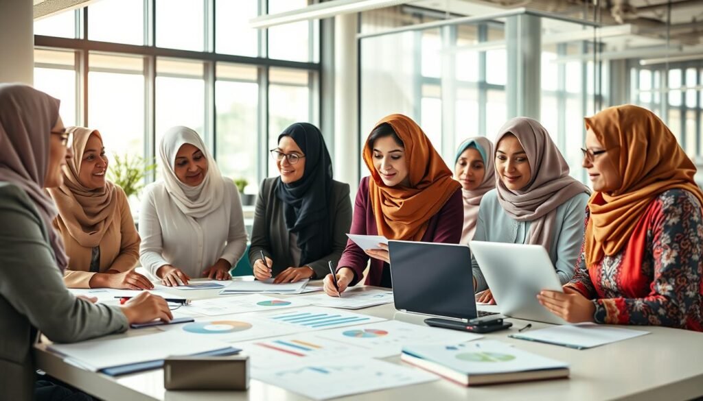 A vibrant scene showcasing a diverse group of professional women engaged in strategic planning around a large table filled with documents, charts, and digital devices. In the foreground, a woman in business attire is presenting ideas with enthusiasm, while others, representing various Arab cultures, attentively listen and take notes. In the middle ground, more women collaborate, analyzing data on laptops, highlighting teamwork and empowerment. The background features a modern office space with large windows and natural light streaming in, creating an uplifting atmosphere. The color palette combines warm tones with bright accents, symbolizing hope and ambition. The overall mood reflects determination and unity towards achieving the strategic goals of women's empowerment organizations. A vibrant scene showcasing a diverse group of professional women engaged in strategic planning around a large table filled with documents, charts, and digital devices. In the foreground, a woman in business attire is presenting ideas with enthusiasm, while others, representing various Arab cultures, attentively listen and take notes. In the middle ground, more women collaborate, analyzing data on laptops, highlighting teamwork and empowerment. The background features a modern office space with large windows and natural light streaming in, creating an uplifting atmosphere. The color palette combines warm tones with bright accents, symbolizing hope and ambition. The overall mood reflects determination and unity towards achieving the strategic goals of women's empowerment organizations.