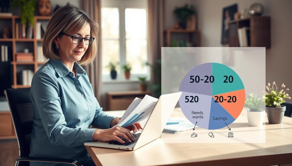 A visually engaging educational scene illustrating the concept of the 50-30-20 rule for savings. In the foreground, a middle-aged woman in professional attire sits at a modern desk, analyzing graphs and charts on a laptop. The middle ground features a clear, pie-chart graphic highlighting the 50-30-20 breakdown of expenses, needs, wants, and savings. In the background, a cozy office with bookshelves and plants conveys a productive atmosphere. Soft, natural lighting filters through a window, casting gentle shadows. The overall mood is inspiring and focused, symbolizing financial empowerment and savvy money management, perfect for visualizing the importance of budgeting in personal savings strategies. A visually engaging educational scene illustrating the concept of the 50-30-20 rule for savings. In the foreground, a middle-aged woman in professional attire sits at a modern desk, analyzing graphs and charts on a laptop. The middle ground features a clear, pie-chart graphic highlighting the 50-30-20 breakdown of expenses, needs, wants, and savings. In the background, a cozy office with bookshelves and plants conveys a productive atmosphere. Soft, natural lighting filters through a window, casting gentle shadows. The overall mood is inspiring and focused, symbolizing financial empowerment and savvy money management, perfect for visualizing the importance of budgeting in personal savings strategies.
