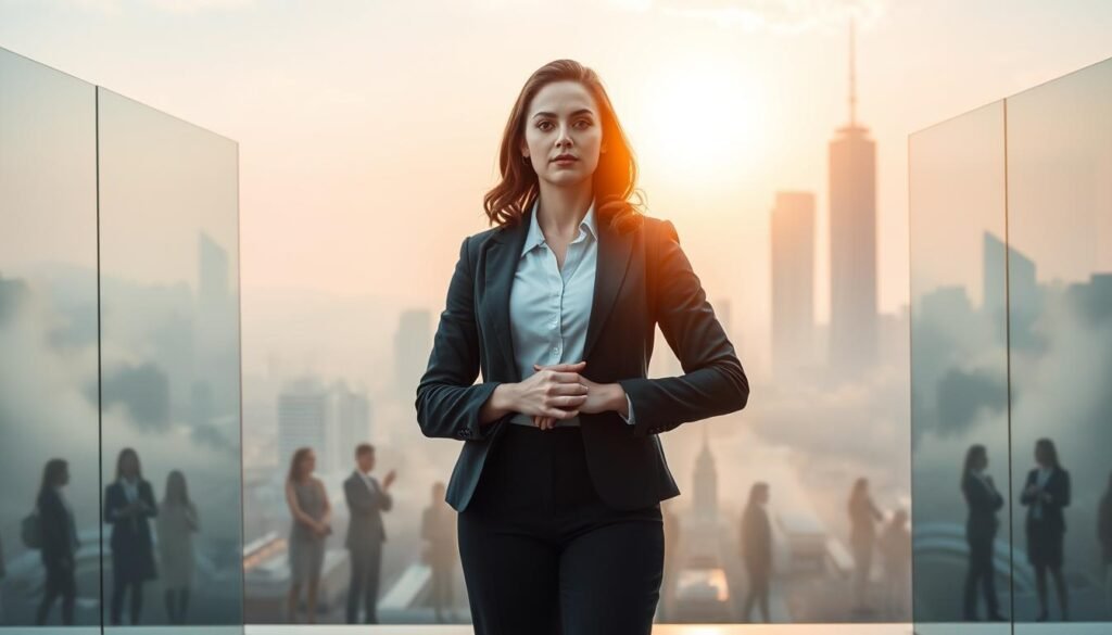 A visually striking composition depicting barriers for women entrepreneurs. In the foreground, a determined woman in professional business attire stands confidently, illustrating strength and resilience. She faces a series of abstract obstacles represented by transparent barriers, such as glass walls and thick fog, symbolizing challenges like funding access, societal expectations, and market entry difficulties. The middle ground features a bustling cityscape, with silhouettes of diverse women engaged in entrepreneurship, showcasing community and support. The background highlights a bright skyline at sunrise, with soft, warm lighting casting an uplifting glow, creating an atmosphere of hope and potential. Use a wide-angle lens to capture the scene, emphasizing the distance between the woman and her barriers, reflecting the struggles and triumphs of women entrepreneurs. A visually striking composition depicting barriers for women entrepreneurs. In the foreground, a determined woman in professional business attire stands confidently, illustrating strength and resilience. She faces a series of abstract obstacles represented by transparent barriers, such as glass walls and thick fog, symbolizing challenges like funding access, societal expectations, and market entry difficulties. The middle ground features a bustling cityscape, with silhouettes of diverse women engaged in entrepreneurship, showcasing community and support. The background highlights a bright skyline at sunrise, with soft, warm lighting casting an uplifting glow, creating an atmosphere of hope and potential. Use a wide-angle lens to capture the scene, emphasizing the distance between the woman and her barriers, reflecting the struggles and triumphs of women entrepreneurs.