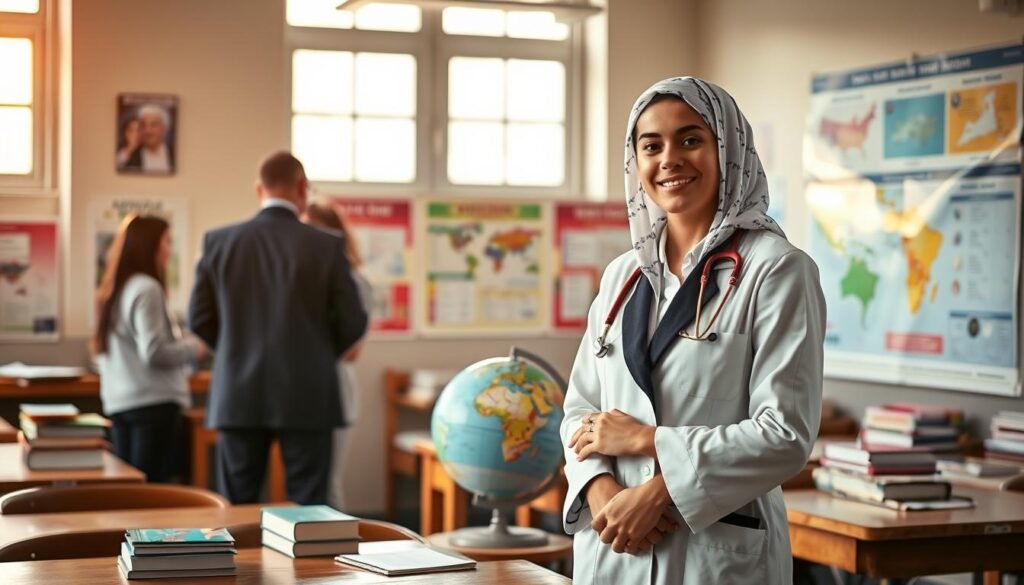 A young Saudi female physician, dressed in a smart professional outfit, stands confidently in a classroom, surrounded by books and educational posters that reflect her journey in medicine. In the foreground, she is engaged in discussion with peers, showcasing collaboration and intellectual curiosity. The middle ground features a vintage wooden desk with medical textbooks and a globe, symbolizing her global aspirations. In the background, large windows let in warm, diffused sunlight, creating an inviting atmosphere that emphasizes hope and ambition. The scene captures the essence of early education, with a soft focus on educational materials. The composition inspires a sense of determination and future potential, with a balanced and aesthetically pleasing arrangement. A young Saudi female physician, dressed in a smart professional outfit, stands confidently in a classroom, surrounded by books and educational posters that reflect her journey in medicine. In the foreground, she is engaged in discussion with peers, showcasing collaboration and intellectual curiosity. The middle ground features a vintage wooden desk with medical textbooks and a globe, symbolizing her global aspirations. In the background, large windows let in warm, diffused sunlight, creating an inviting atmosphere that emphasizes hope and ambition. The scene captures the essence of early education, with a soft focus on educational materials. The composition inspires a sense of determination and future potential, with a balanced and aesthetically pleasing arrangement.