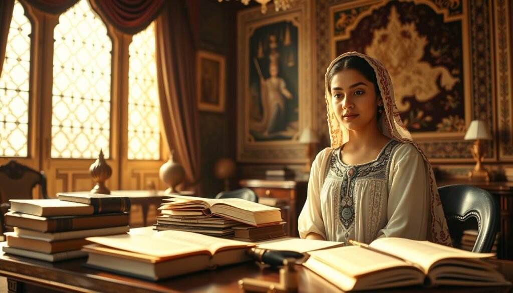 A young Saudi princess, Noura bint Mohammed Al Saud, is depicted in an elegantly adorned study, surrounded by books and educational materials. She wears a modest yet regal dress, reflecting her royal heritage. In the foreground, a wooden desk cluttered with scrolls and a quill hints at her scholarly pursuits. The middle ground features rich tapestries and traditional Islamic art, embodying her cultural background. In the background, soft sunlight filters through ornate windows, casting warm, inviting shadows across the room. The atmosphere is serene and inspiring, symbolizing a nurturing space for learning and growth. The image captures a moment of quiet reflection, inviting viewers to appreciate the importance of education in her early life. A young Saudi princess, Noura bint Mohammed Al Saud, is depicted in an elegantly adorned study, surrounded by books and educational materials. She wears a modest yet regal dress, reflecting her royal heritage. In the foreground, a wooden desk cluttered with scrolls and a quill hints at her scholarly pursuits. The middle ground features rich tapestries and traditional Islamic art, embodying her cultural background. In the background, soft sunlight filters through ornate windows, casting warm, inviting shadows across the room. The atmosphere is serene and inspiring, symbolizing a nurturing space for learning and growth. The image captures a moment of quiet reflection, inviting viewers to appreciate the importance of education in her early life.