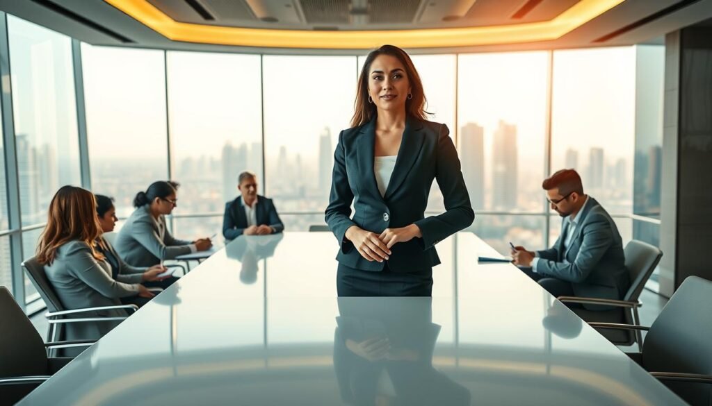 An elegant, modern office environment featuring a woman of Middle Eastern descent, dressed in professional business attire, confidently discussing venture capital strategies with a diverse group of professionals. In the foreground, the woman stands at a sleek conference table, positioned front and center, exuding leadership and vision. In the middle ground, the group of engaged professionals is seated around the table, taking notes and sharing ideas, reflecting collaboration and innovation. The background showcases panoramic windows revealing a city skyline, bathed in warm, natural light that creates a vibrant, inspiring atmosphere. The image captures a sense of ambition and empowerment, with a focus on pioneering advancements in the Middle East's venture capital landscape. An elegant, modern office environment featuring a woman of Middle Eastern descent, dressed in professional business attire, confidently discussing venture capital strategies with a diverse group of professionals. In the foreground, the woman stands at a sleek conference table, positioned front and center, exuding leadership and vision. In the middle ground, the group of engaged professionals is seated around the table, taking notes and sharing ideas, reflecting collaboration and innovation. The background showcases panoramic windows revealing a city skyline, bathed in warm, natural light that creates a vibrant, inspiring atmosphere. The image captures a sense of ambition and empowerment, with a focus on pioneering advancements in the Middle East's venture capital landscape.
