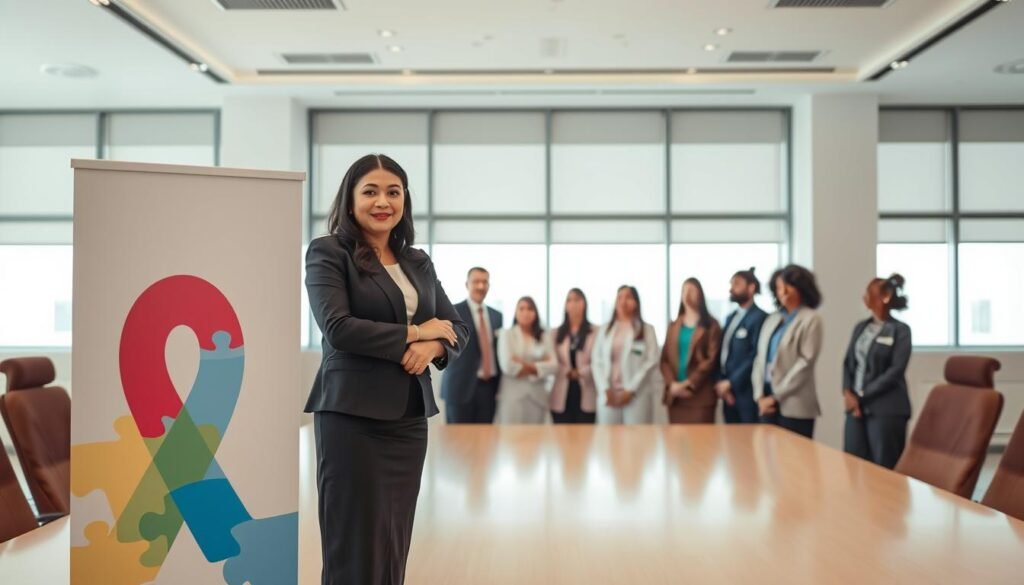 Areej Al Muallem, a prominent Saudi Arabian figure in autism advocacy, stands confidently in a modern, well-lit conference room. She is dressed in professional business attire, exuding a sense of leadership and determination. In the foreground, a vibrant, awareness-themed banner featuring the puzzle piece symbol of autism is displayed. The middle ground showcases an engaging group of diverse professionals, including educators and healthcare workers, listening attentively to Areej as she presents her initiatives, emphasizing collaboration and support. The background features large windows allowing natural light to flood the space, symbolizing hope and enlightenment. The overall atmosphere is one of inspiration and empowerment, capturing the essence of Areej Al Muallem's pioneering work in autism initiatives in Saudi Arabia. Areej Al Muallem, a prominent Saudi Arabian figure in autism advocacy, stands confidently in a modern, well-lit conference room. She is dressed in professional business attire, exuding a sense of leadership and determination. In the foreground, a vibrant, awareness-themed banner featuring the puzzle piece symbol of autism is displayed. The middle ground showcases an engaging group of diverse professionals, including educators and healthcare workers, listening attentively to Areej as she presents her initiatives, emphasizing collaboration and support. The background features large windows allowing natural light to flood the space, symbolizing hope and enlightenment. The overall atmosphere is one of inspiration and empowerment, capturing the essence of Areej Al Muallem's pioneering work in autism initiatives in Saudi Arabia.