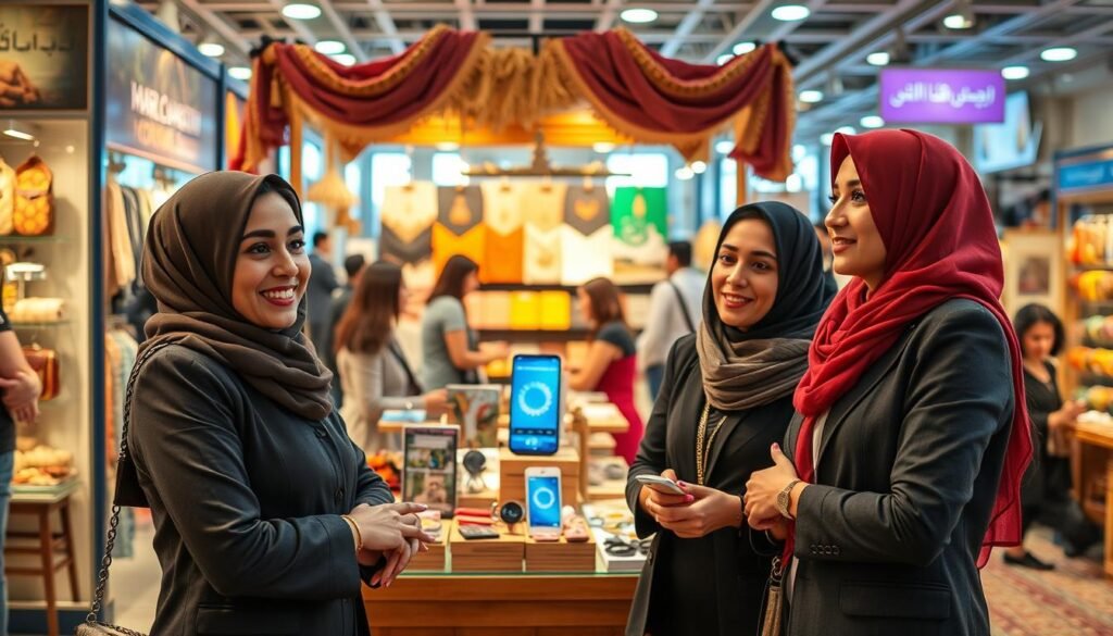 In a vibrant marketplace scene showcasing Arab women entrepreneurs, capture a sense of empowerment and success in the retail sector. In the foreground, depict three confident women in professional business attire, passionately discussing their innovative products, which include handcrafted goods and modern technology accessories. The middle ground features a beautifully decorated stall adorned with colorful textiles and appealing displays of merchandise. In the background, bustling shoppers and fellow vendors create a lively atmosphere, enhancing the sense of community. The lighting should be warm and inviting, accentuating the colors and textures of the products. Use a slightly elevated angle to encompass both the interactions and the lively ambiance of this inspirational business environment, radiating positivity and determination. In a vibrant marketplace scene showcasing Arab women entrepreneurs, capture a sense of empowerment and success in the retail sector. In the foreground, depict three confident women in professional business attire, passionately discussing their innovative products, which include handcrafted goods and modern technology accessories. The middle ground features a beautifully decorated stall adorned with colorful textiles and appealing displays of merchandise. In the background, bustling shoppers and fellow vendors create a lively atmosphere, enhancing the sense of community. The lighting should be warm and inviting, accentuating the colors and textures of the products. Use a slightly elevated angle to encompass both the interactions and the lively ambiance of this inspirational business environment, radiating positivity and determination.
